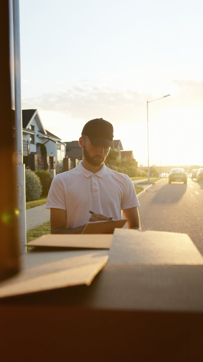 A courier in a cap signing papers for a delivery in a suburban neighborhood during sunset.